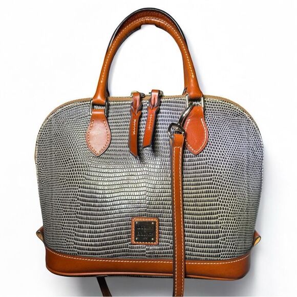 Dooney & Bourke Lizard Embossed Satchel Gray Brown Bag w/ Strap 12”x9” Like New - Picture 1 of 17